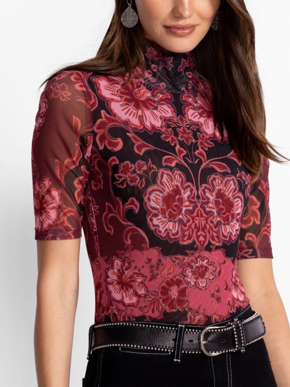 Johnny Was Burgundy and Pink Floral Mesh Elbow Sleeve Tee